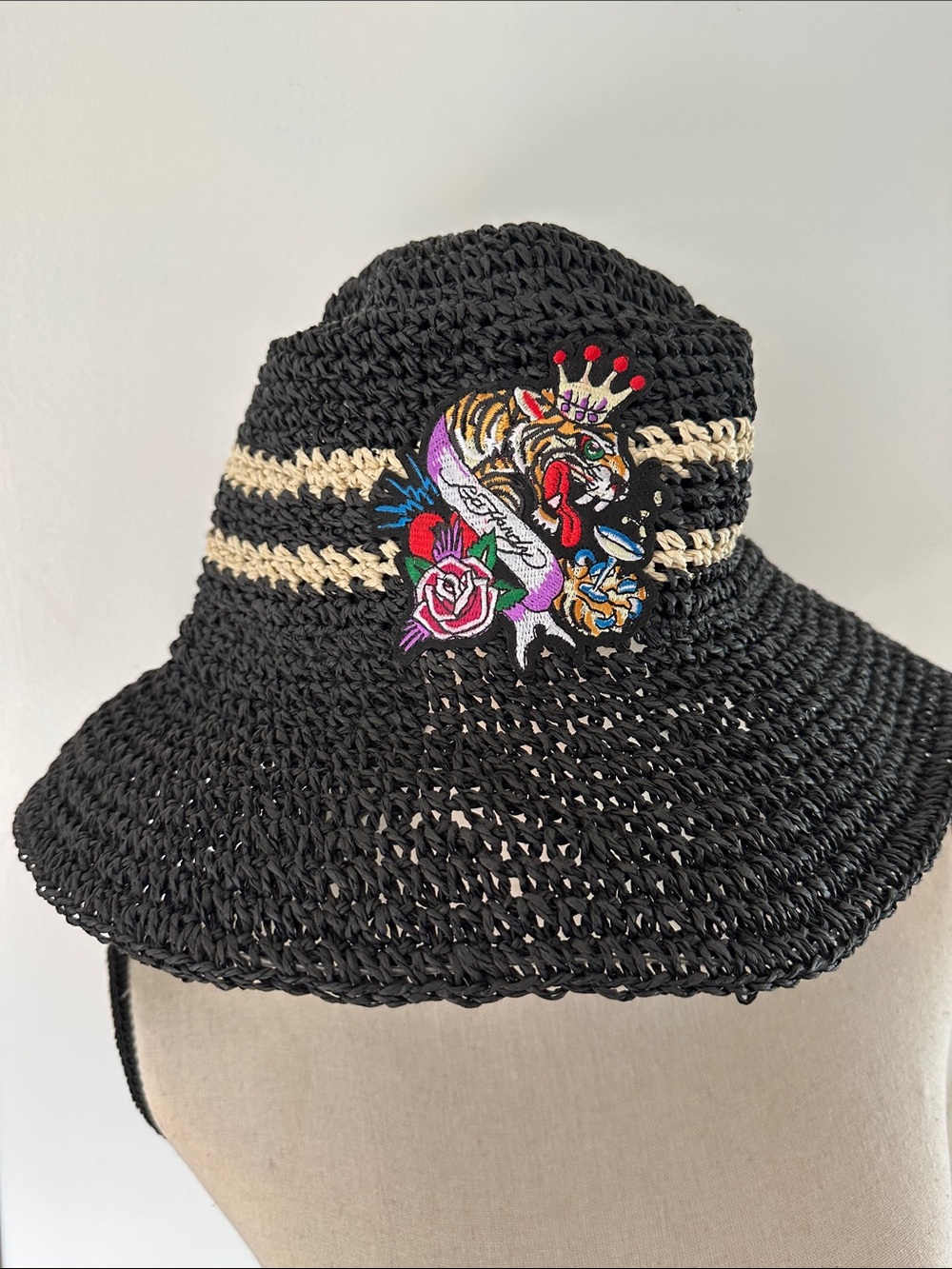 Ed Hardy Black/Cream Crochet Sun Hat Adjustable Rim with Ed Hardy Tiger Patch